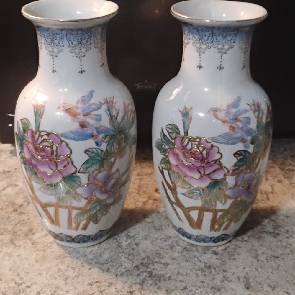 Floral Ceramic Vases with Bird Design